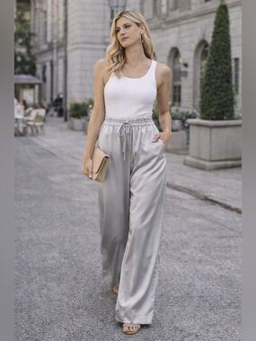 NWT Zara Satin Wide Leg Pants XL | Silver Lounge Chic Drawstring Pants